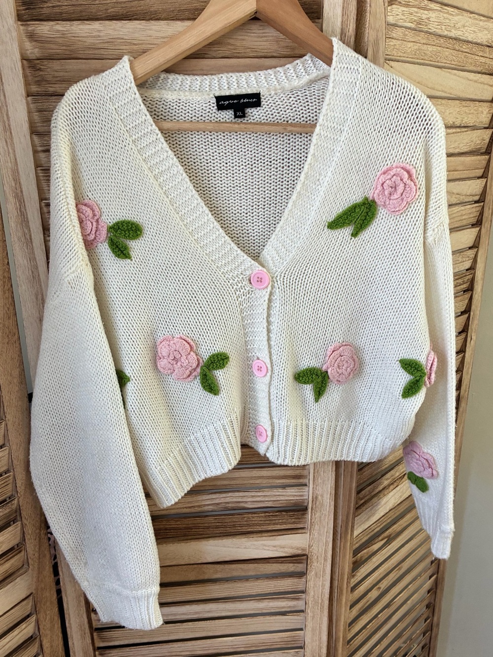 Aqua Blues Cream Cropped Cardigan with 3D Crochet Pink Roses XL Cottagecore Fall